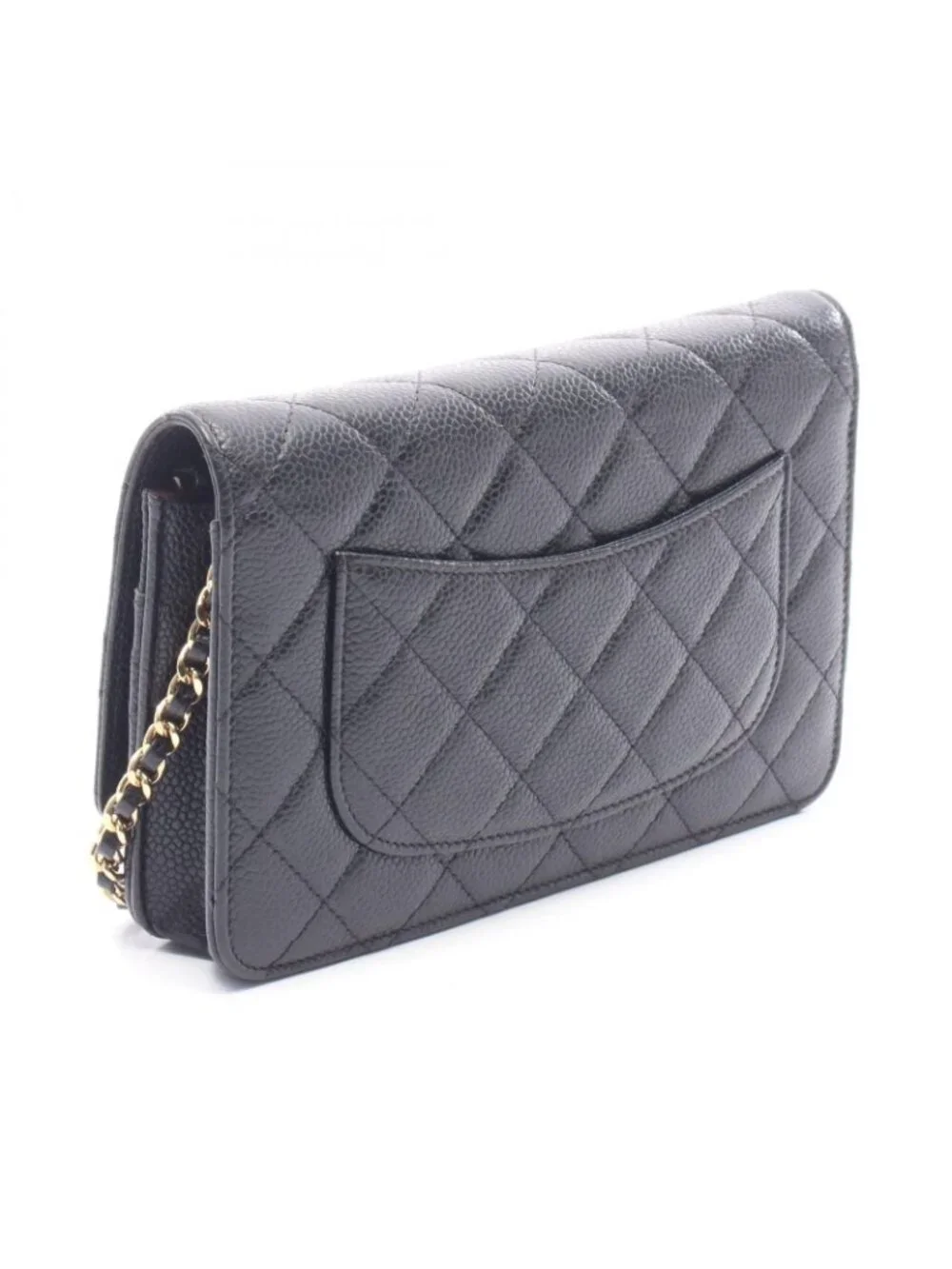 Chanel Shoulder Bag Quilted Black Caviar Leather Chain Wallet